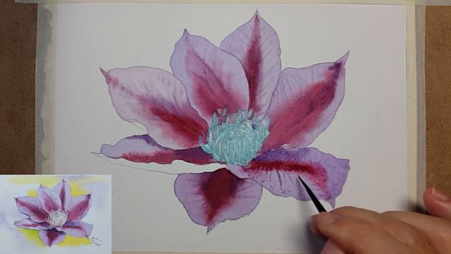 How to paint Clematis in watercolor(using masking liquid pen) 마스킹펜 사용 클레마티스 수채화그리기