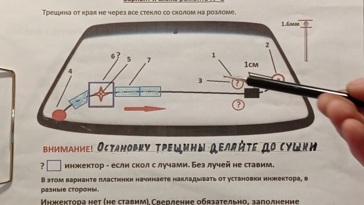 Трещина от края не через все стекло со сколом на разломе - схема ремонта