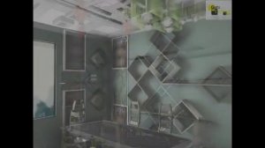 полки, дизайн интерьера кухни с черными и белыми полками на зеленой стене