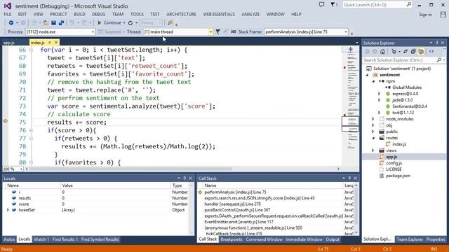 NTVS 1.0 BETA - Twitter app from existing code - Node.js Tools for Visual Studio