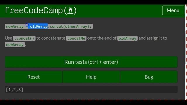Concatenate Arrays with concat, freeCodeCamp Tutorial