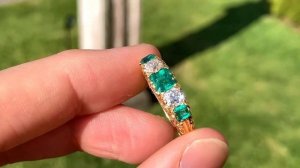 Victorian Style Emerald Diamond Five Stone Ring 1ct Emerald