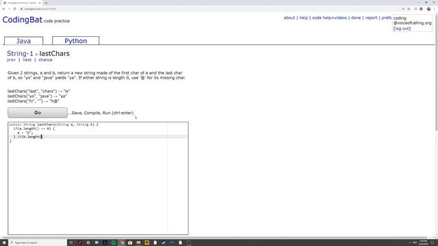String-1 (lastChars) Java Tutorial || Codingbat.com смотреть онлайн