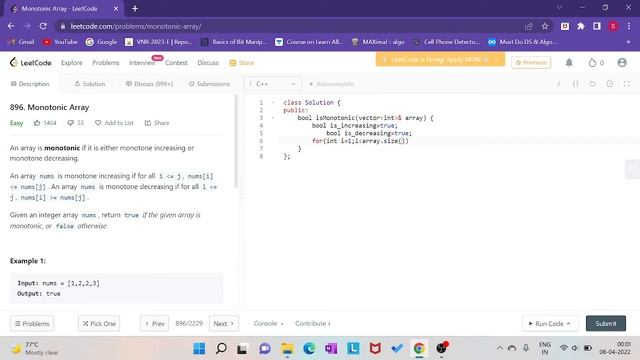 Leetcode Problem 896. Monotonic Array solution смотреть онлайн