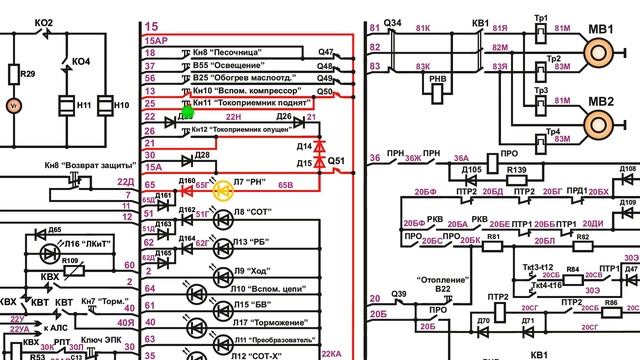 Работа электрической схемы управления аккумуляторной батареи электропоезда ЭД4М 