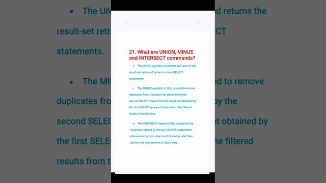 21. What are UNION, MINUS and INTERSECT commands? | SQL interview question and answers | SQL