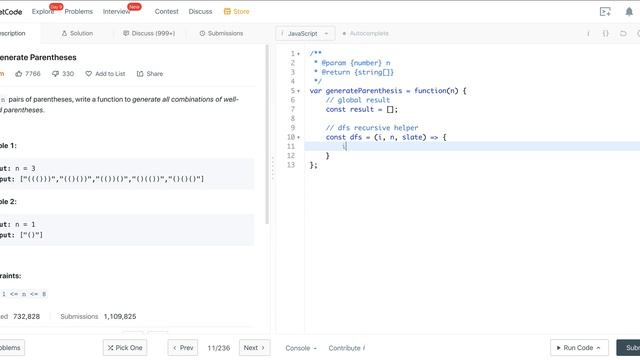 LEETCODE 22 (JAVASCRIPT) | GENERATE PARENTHESES