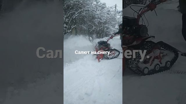 Мотоблок салют со шнекороторным снегоуборщиком.