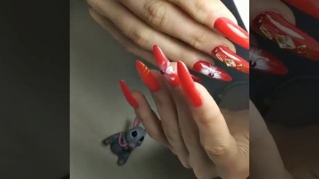 Красный маникюр)маникюр акригелем)со стразами и растекашкой) Длинные ногти