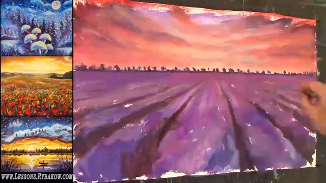 How to paint a landscape Lavender field at sunset. смотреть онлайн