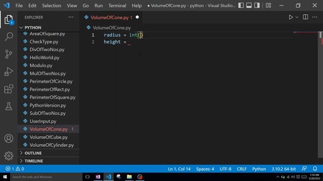 Python program to find the volume of the cone