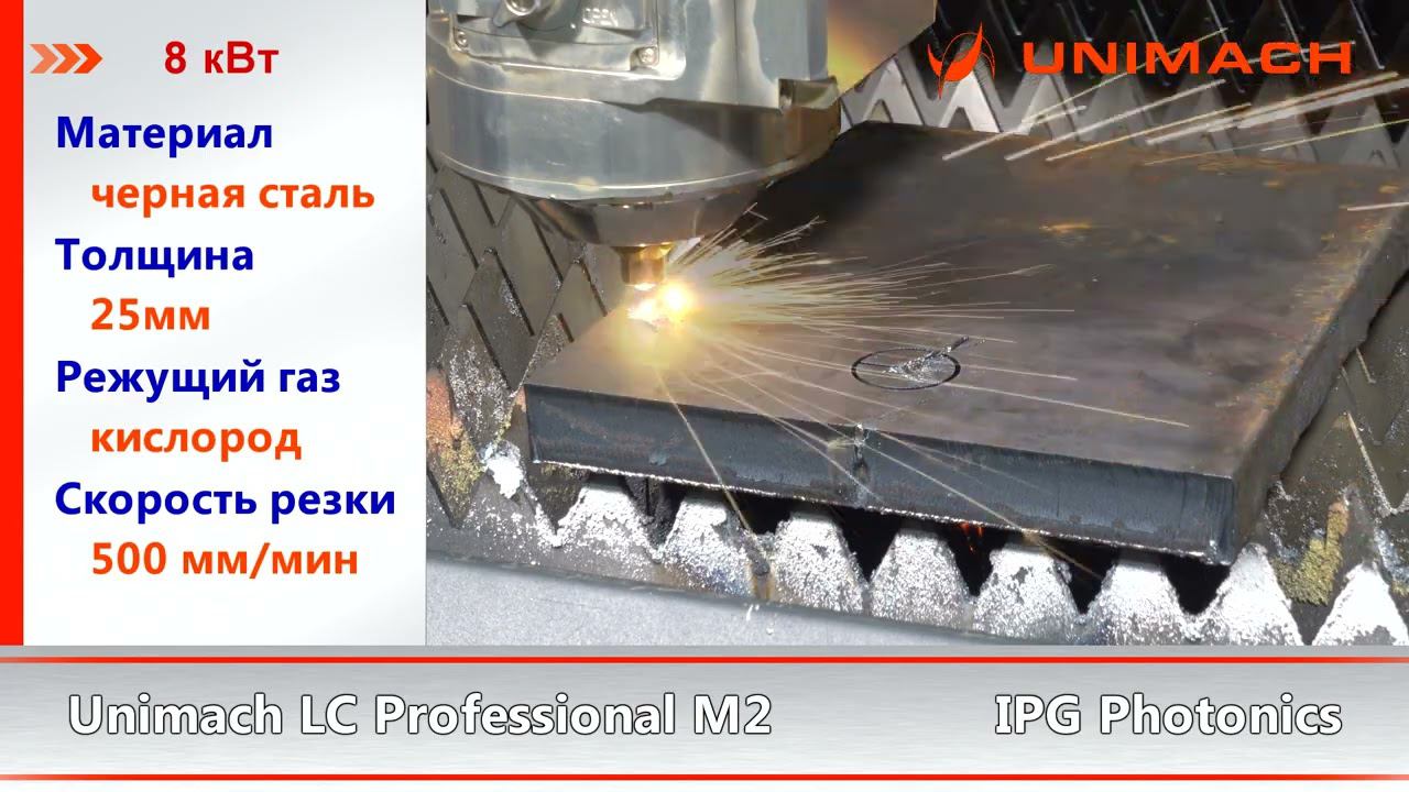 Лазерная резка мощность излучателя 8 кВт материал углеродистая сталь толщина 25мм станок Unimach