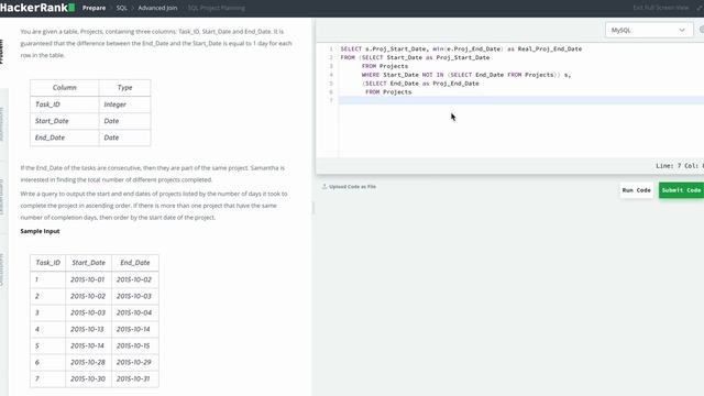 Hackerrank SQL Solution #10 Intermediate SQL - SQL Project Planning