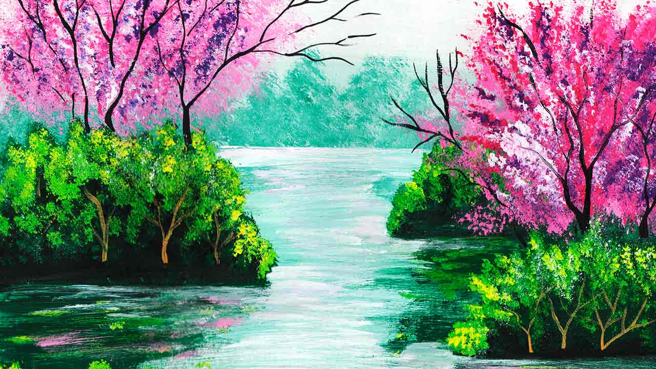 Как легко нарисовать пейзаж. Как нарисовать яблоню в цвету. Как нарисовать лесное озеро.