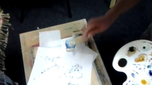 Урок акварели, набрызг на работу.
