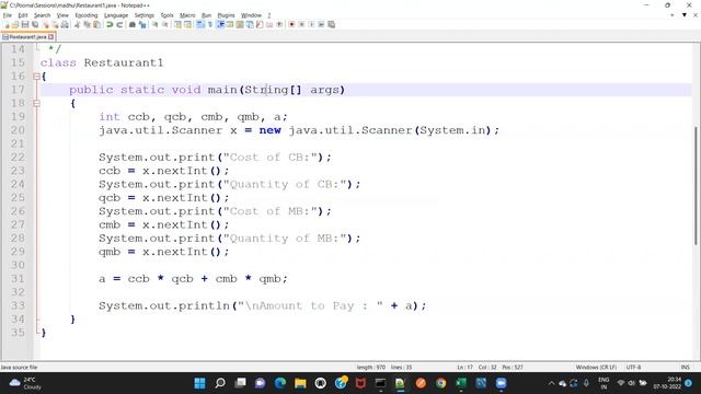 Java - Day 11 (in Telugu) - Some programs with input, process & output; (operator precedence).