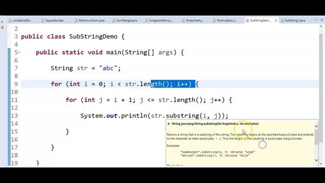 Java Program to print all substrings for a String | Learn with Krishna Sandeep
