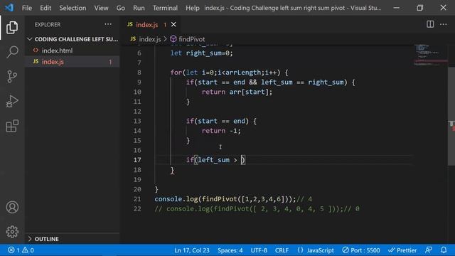 Coding Challenge #9: Find the Pivot element of the Array.