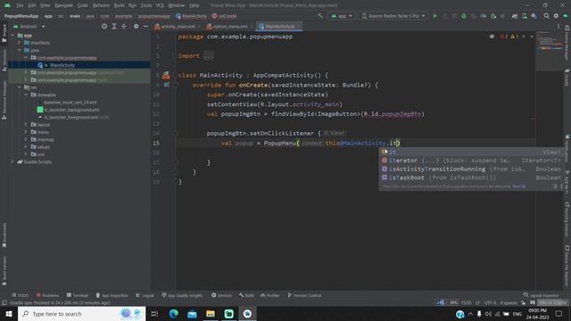 How to implement Popup Menu in Android Studio Kotlin