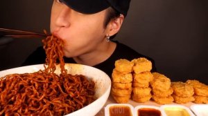 ASMR MUKBANG BLACK BEAN FIRE NOODLES & CHICKEN NUGGETS (No Talking) EATING SOUNDS