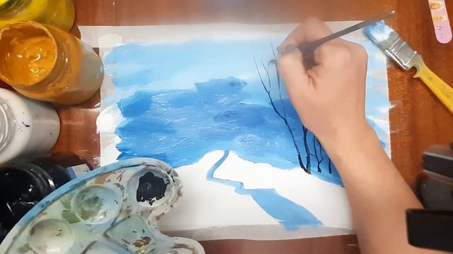 Как легко нарисовать зиму. Как нарисовать зимний пейзаж гуашью. Правополушарное рисование. Зима. смотреть онлайн