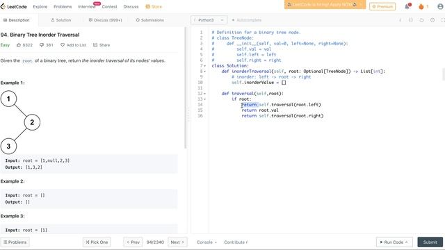 Leetcode 94 Binary Tree Inorder Traversal - Python