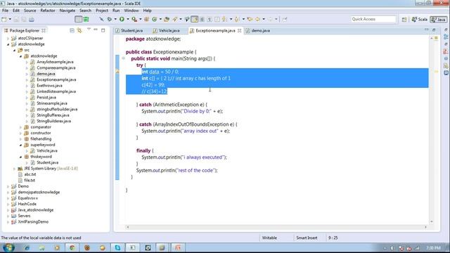 Exception handling in java with quick short example