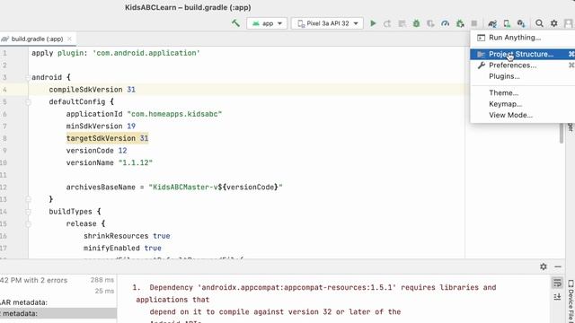 How to compile the android project against version 32 or later of the Android APIs.