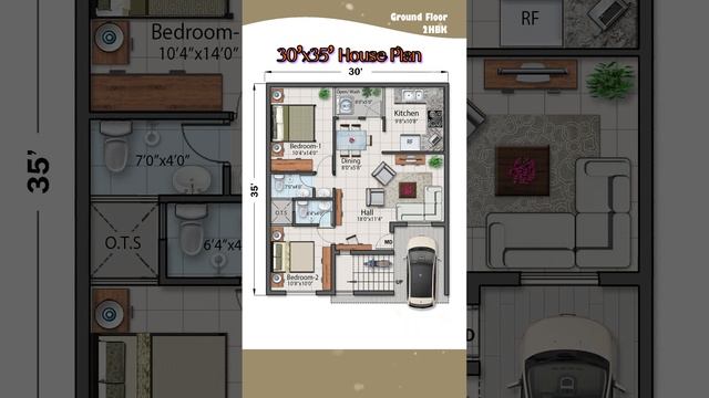 30'× 35' House Plan, 2BHK, 30 by 35 Home Plan, 30*35 House Design with Car Parking, #indianstyle