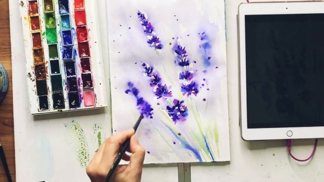 Процесс рисования, лаванда, полевые цветы акварелью, для начинающих.