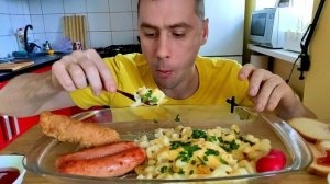 МУКБАНГ ПЛОТНЫЙ ЗАВТРАК / СОСИСКИ, МАКАРОНЫ С ЯЙЦОМ И СЫРОМ/ MUKBANG ASMR / eating show / 먹방