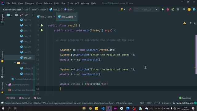 Java program to calculate volume of the cone | Code with Aakash