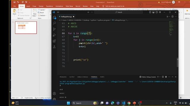 pythonforBegineers#ASCII code  of  alphabet character# python 3.11.5#abc pattern #vscodecoding