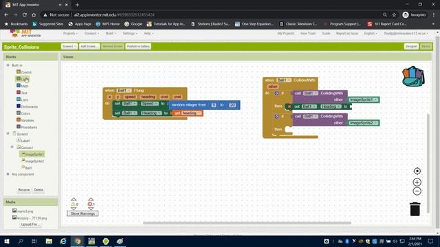 Sprite Collisions and Algorithms in MIT APP INVENTOR 2