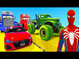 SPIDERMAN CARS Monster Trucks MEGA CITY Ramp Challenge ! SUPERHERO GREEEN GOBLIN FIRE Truck - GTA V