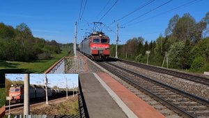 Вид с двух камер. Электровоз ВЛ11М-336/338Б с грузовым поездом.
