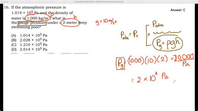 PHYSICS 16:If atmospheric pressure is 10^5 and density of water is 1k, what is gauge pressure? NMAT смотреть онлайн