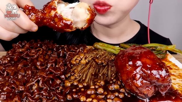 ASMR MUKBANG 양념 치킨, 짜장 팽이버섯, 짜장라면 먹방 SPICY CHICKEN, BLACK BEAN NOODLES, ENOKI MUSHROOM EATING SOUND