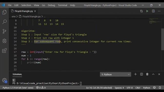 Python for Beginner #4 - Right Angle Triangle or Floyd's Triangle