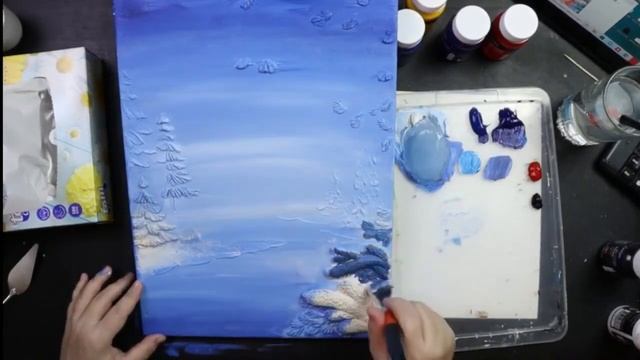 Зимний пейзаж. Рельефная живопись + ручная лепка + 4 краски #школаруденских