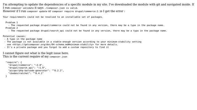 Drupal: Composer cannot find drupal/commerce in a specific module