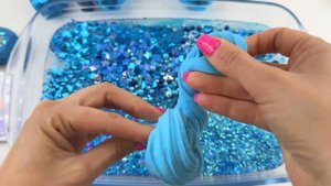 ASMR Slime Mixing ”BLUE” 💙💦💤 makeup, Eyeshadow, glitter into slime. Satisfying slime video.