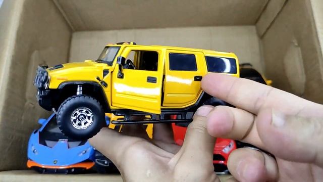Box Full of Cars, Toyota Rav4, Tesla Cybertruck, Hummer H2, Jeep Rubicon, Chevrolet Camaro, Lykan