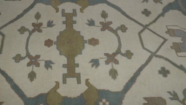 Hand Knotted 10x14 Large HandPersian Oushak Ivory and Blue Wool Area Rug | TRDCP711014 смотреть онлайн