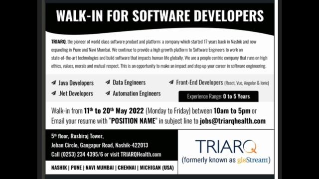 Walk in for Software Developer , Java Developer , Data Engineers, Front - End Developers , .net Dev