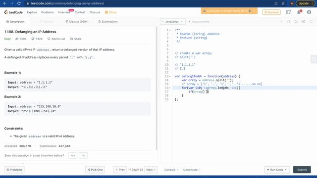 LEETCODE SOLUTION 1108 | Defanging an IP Address | Leetcode for BEGINNERS | EASY | Javascript
