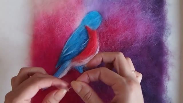 Картина из шерсти "Весна". Живопись шерстью.Как нарисовать птицу шерстью.