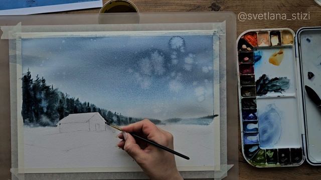 Рисуем зимний сюжет акварелью "Домик в лесу" | Художник Юматова Светлана