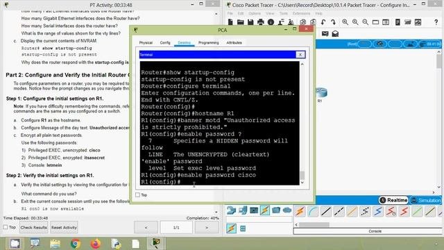 10.1.4 Packet Tracer - Configure Initial Router Settings