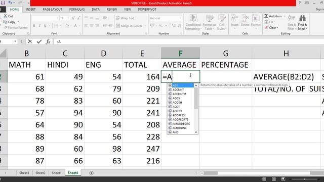 Mircosoft Excel Tutorial in Hindi -AVERAGE & PERCENTAGE FUNCTION